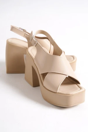 Capone Outfitters Capone Women's Chunky Toe Crossover Wide Strap Platform Heels Beige Women's Sandals