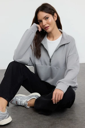 Trendyol Grey Oversize/Wide Zipper Collar Flexible Knitted Sweatshirt