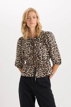 DEFACTO Fitted Round Neck Leopard Print Tie Front Poplin Long Sleeve Blouse