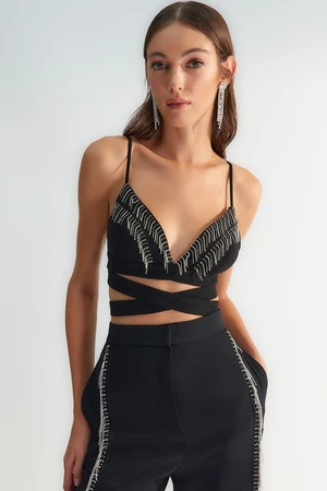 Trendyol X Zeynep Tosun čierny bustier s kamennými doplnkami