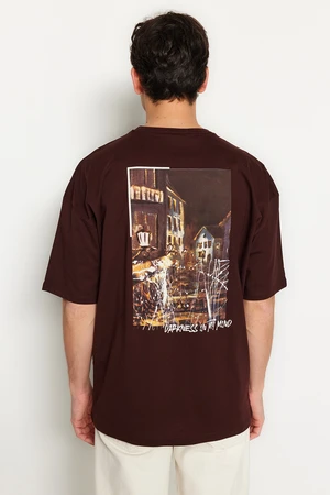 Trendyol Brown Oversize/Wide Cut Short Sleeve Back Printed 100% Cotton T-Shirt