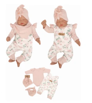 Z&amp;Z 4-dílná soupravička body, láclové kalhoty, čepička + šátek - starorůžová, vel. 80 (9-12m)