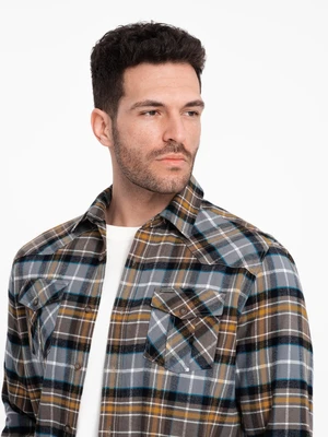 Ombre Men's checkered flannel shirt with pockets - gray-yellow