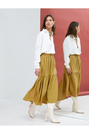 Koton Midi Skirt with Ruffles, Textured Asymmetrical Cut