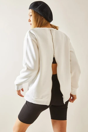 XHAN White Crew Neck Back Zipper Sweatshirt