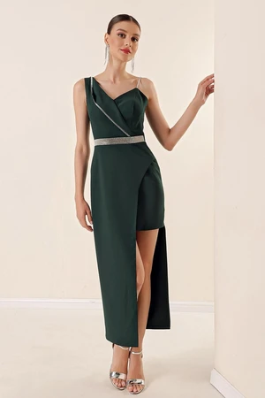 By Saygı One-Shoulder Stone Detail Short One Side Lined Long Dress Emerald