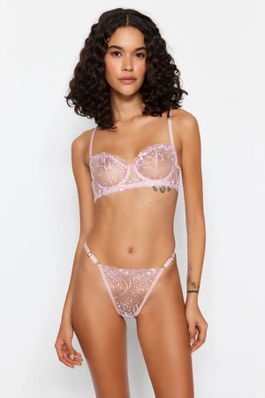 Trendyol Pink Embroidered Lace Uncovered Underwire Thong Underwear Set