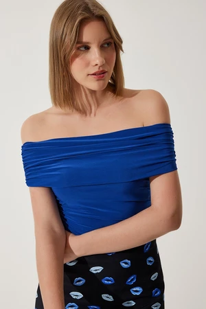 Happiness İstanbul Women's Cobalt Blue Gathered Open Shoulder Sandy Blouse