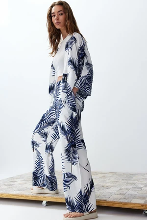 Trendyol Indigo Flower Palm Patterned Kimono Woven Bottom-Top Set