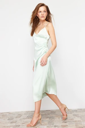 Trendyol Green Double Breasted Neck Satin Midi Woven Dress