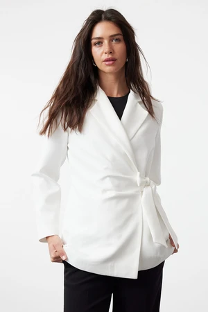 Trendyol White Side Tie Detailed Lined Double Breasted Woven Jacket