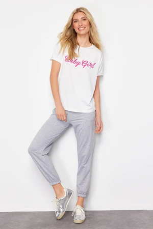 Trendyol Grey Melange Slogan Printed Basic Jogger Knitted T-shirt Sweatpants Bottom-Top Set