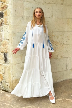 Trend Alaçatı Stili Women's White Prevailing Collar Sleeves Embroidered Layered Flounced Woven Viscose Dress