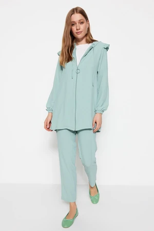 Trendyol Mint Ruffled Hooded Woven Aerobin Tunic-Pants Set