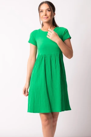 armonika Women's Green Low-cut Back Elastic Detailed Short Sleeve Dress