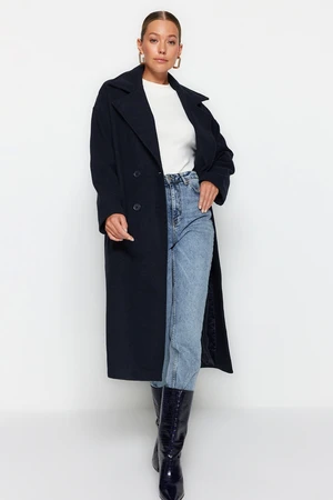 Trendyol Navy Blue oversize široký strih dlhý vlnený kabát