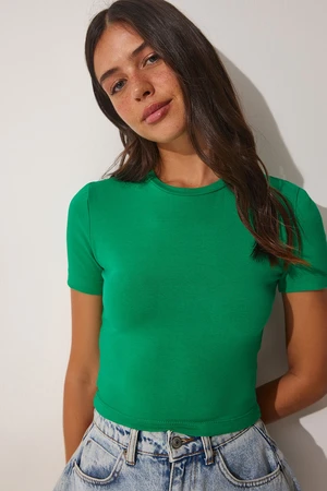 Happiness İstanbul Women's Dark Green Cotton Knitted Crop T-Shirt