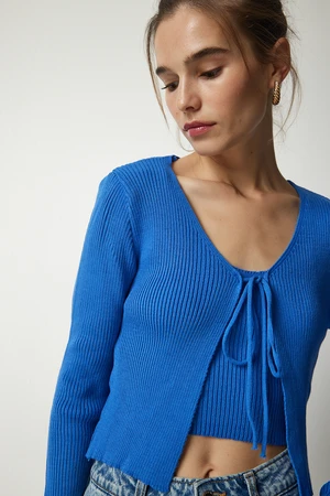 Happiness İstanbul Women's Blue Corded Knitwear Crop Cardigan Suit