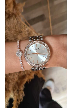 Polo Air Luxury Women's Wristwatch and Single Row Zircon Stone Elegant Waterway Bracelet Combination Copper Silver Color