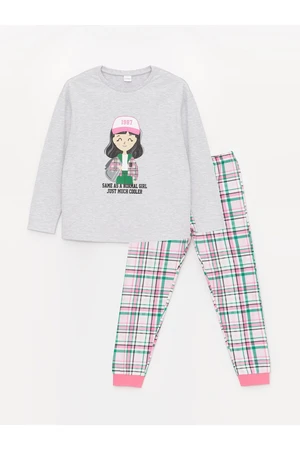 LC Waikiki Crew Neck Printed Long Sleeve Girls' Pajamas Set