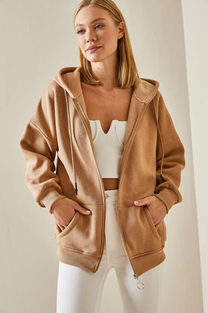 XHAN Camel Zipper Hooded Sweatshirt