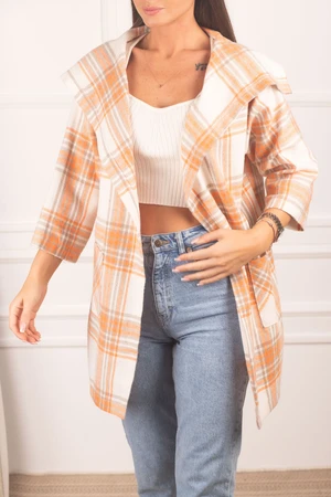 armonika Women's White-Beige Plaid Loose Jacket with Pocket