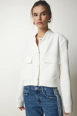 Happiness İstanbul Women's White Wide Pocket Bomber Jacket