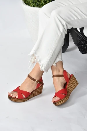 Fox Shoes Women's Red Linen Wedge Heeled Shoes