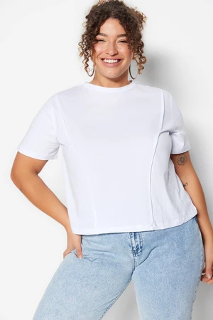 Trendyol Curve White Knitted Crew Neck Stitch Detail Crop T-Shirt