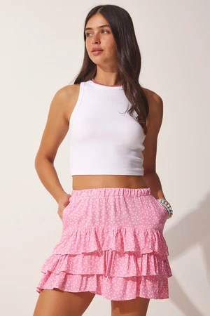 Happiness İstanbul Women's Light Pink Patterned Ruffle Viscose Shorts Skirt