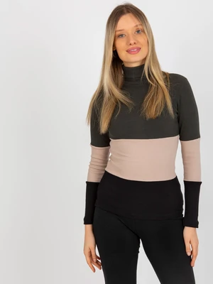 Khaki black ribbed blouse with turtleneck