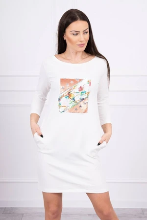 Dress with 3D Bird ecru graphics