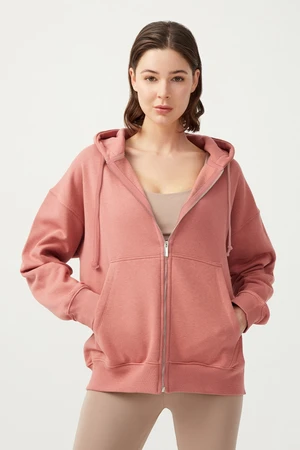 LOS OJOS Women's Dried Rose Hooded Oversized Rayon Zipper Knitted Sweatshirt.