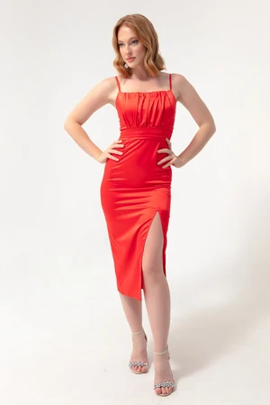 Lafaba Women's Red Evening Dress with Thin Straps and a Slit Midi Satin.