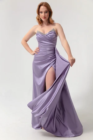 Lafaba Women's Lilac Long Evening Dress with Breast Stones