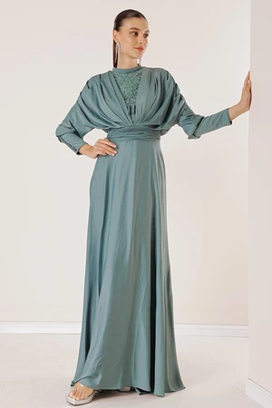 By Saygı Satin Long Dress with Gathered Sleeves, Button Detail, Lined and Beaded Front