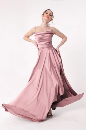 Lafaba Women's Powder Powder Evening Dress &; Prom Dress with Ruffles and a Slit in Satin.