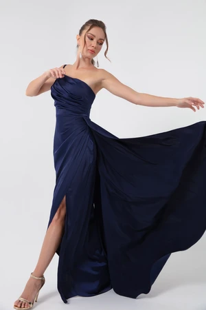 Lafaba Women's Navy Blue One-Shoulder Satin Evening Dress & Graduation Dress