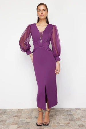 Trendyol Purple Tulle Sleeve Detailed Woven Long Evening Dress