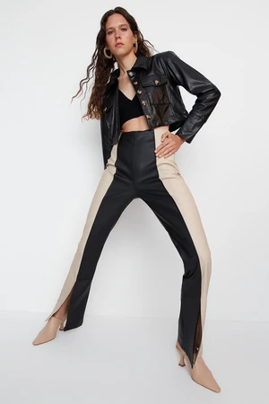 Trendyol Black Flare Woven Color Block Slit Faux Leather Pants