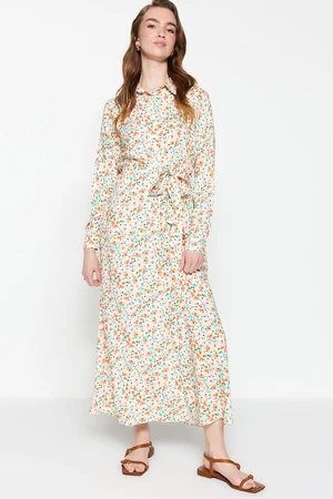 Trendyol Crispy Floral Patterned Ecru 100% Viscose Woven Shirt Dress With Belt