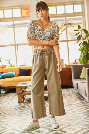 Olalook Women's Khaki Loose Gabardine Pants with Elastic Waist and Tasseled Legs