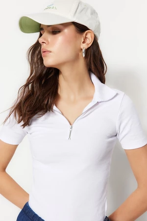 Trendyol White, Zipper Detail Fitted/Simple Polo Collar Ribbed Stretch Knitted Blouse