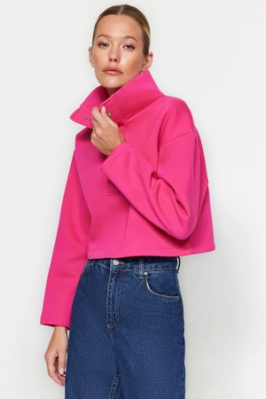 Trendyol Fuchsia Relaxed Fit Crop High Neck Snap Fast Fleece Knitted Sweatshirt