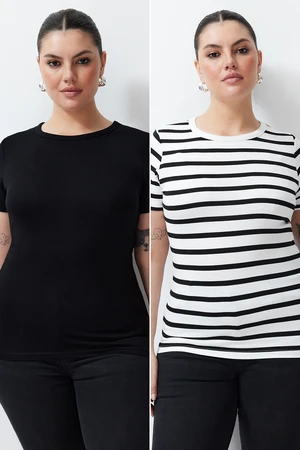 Trendyol Curve Black-Ecru Striped 2-Pack Viscous Stretch Knitted Blouse