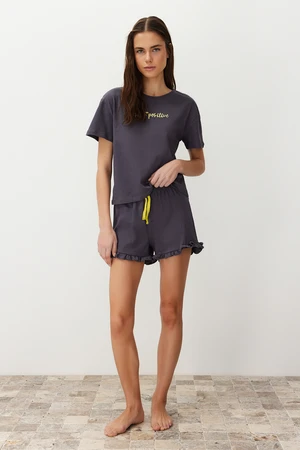 Trendyol Anthracite 100% Cotton Embroidered Ruffle Detailed T-shirt-Shorts Knitted Pajama Set