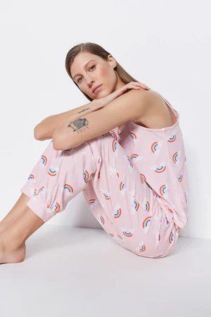 Trendyol Light Pink Rainbow Patterned Undershirt-Pants Knitted Pajamas Set