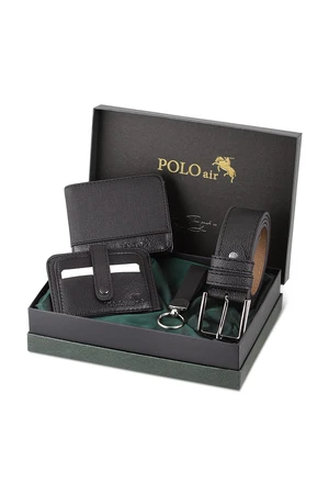 Polo Air Belt, Wallet, Card Holder, Keychain, Black Set in a Gift Box