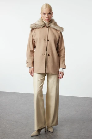 Trendyol Beige Detachable Collar Für Detailed Regular Midi Wool Coat