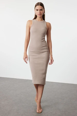 Trendyol Mink Halter Neck Fitted Ribbed Flexible Midi Knitted Dress